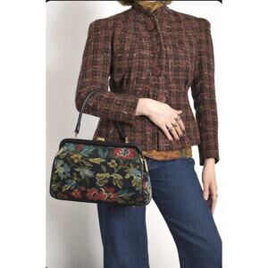 Vintage Needlepoint Carpet Bag Floral Tapestry Structured Art Satchel Retro